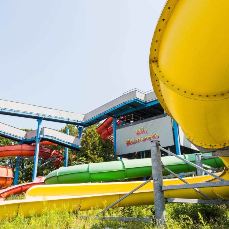 Closeup of multi-coloured water slides at Wild Waterworks in Hamilton